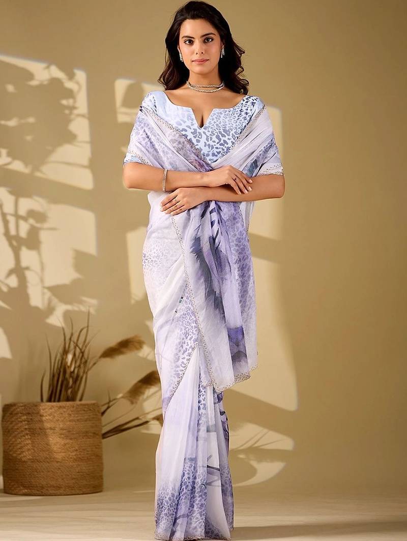 Off white beads and stones organza women  saree