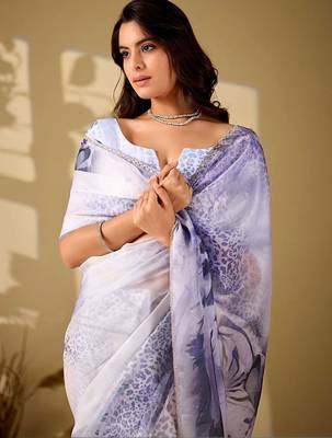 Off white beads and stones organza women  saree 2