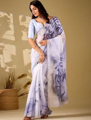 Off white beads and stones organza women  saree 3