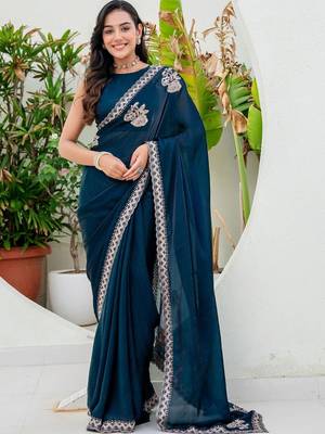 Teal embroidered silk blend saree 1
