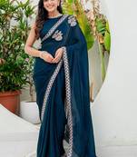 Teal embroidered silk blend saree