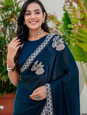 Teal embroidered silk blend saree 2