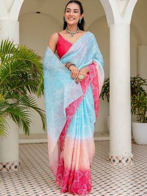 Multicolor bandhani beads and stones jute cotton saree 1