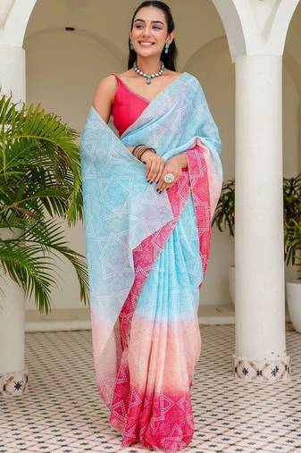 Multicolor bandhani beads and stones jute cotton saree