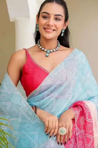 Multicolor bandhani beads and stones jute cotton saree