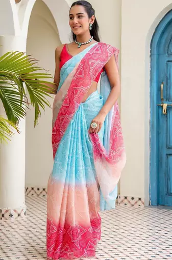 Multicolor bandhani beads and stones jute cotton saree