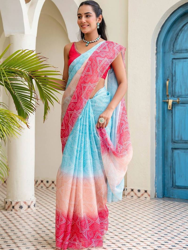 Multicolor bandhani beads and stones jute cotton saree
