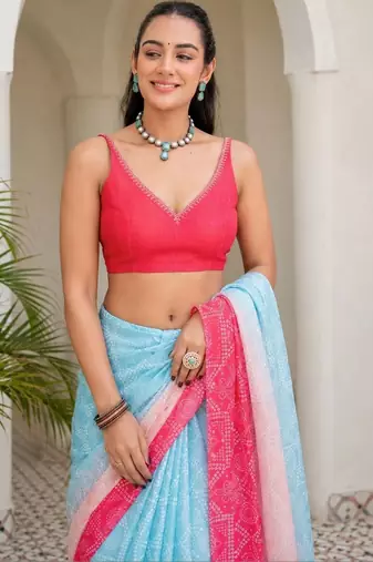 Multicolor bandhani beads and stones jute cotton saree