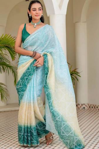 Blue batik beads and stones jute cotton saree