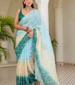 Blue batik beads and stones jute cotton saree