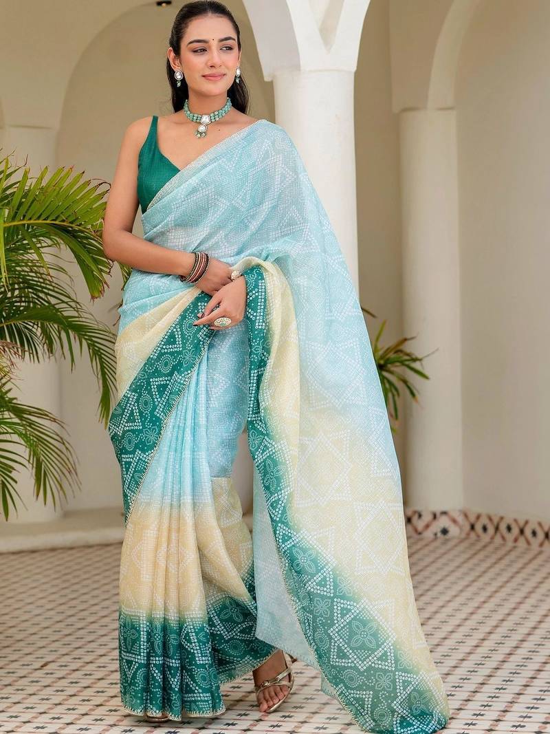 Blue batik beads and stones jute cotton saree