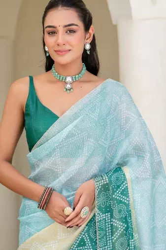 Blue batik beads and stones jute cotton saree