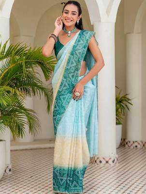 Blue batik beads and stones jute cotton saree 3