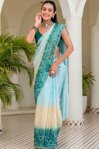Blue batik beads and stones jute cotton saree