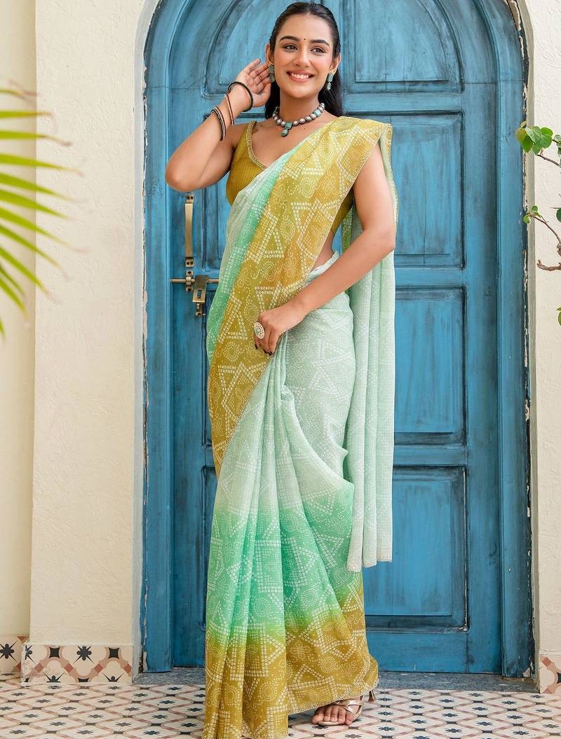 Multicolor ombre beads and stones jute cotton saree