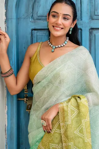 Multicolor ombre beads and stones jute cotton saree