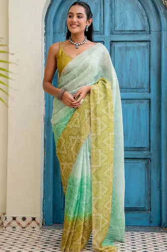 Multicolor ombre beads and stones jute cotton saree