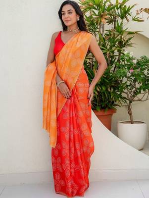 Red bandhani beads and stones jute cotton saree 1