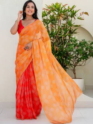 Red bandhani beads and stones jute cotton saree 3
