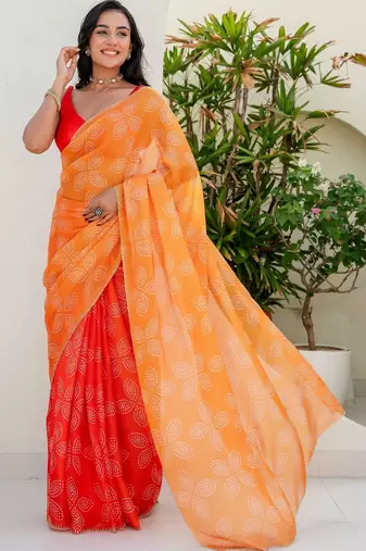 Red bandhani beads and stones jute cotton saree