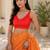 Red bandhani beads and stones jute cotton saree