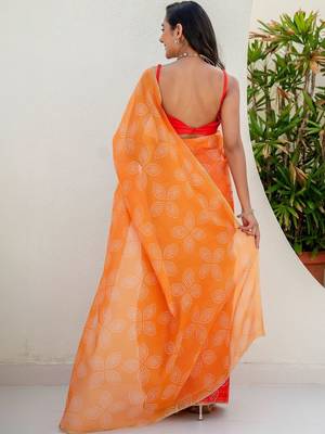 Red bandhani beads and stones jute cotton saree 5