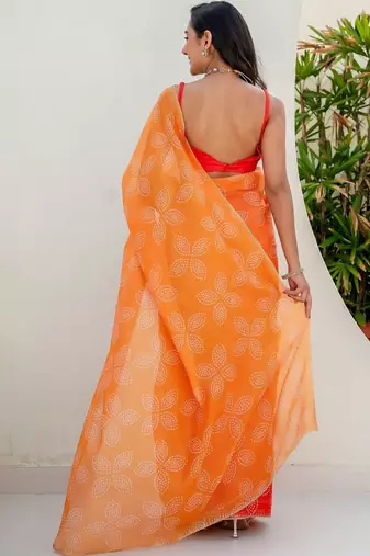 Red bandhani beads and stones jute cotton saree