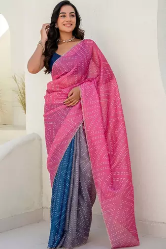 Multicolor bandhani beads and stones jute cotton saree