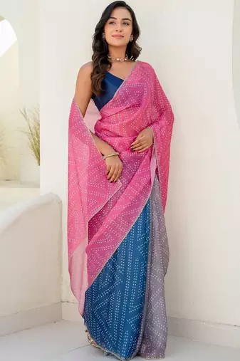 Multicolor bandhani beads and stones jute cotton saree