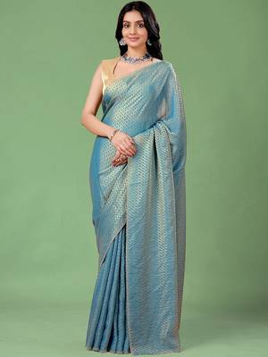 Blue women ethnic motifs woven design saree 1