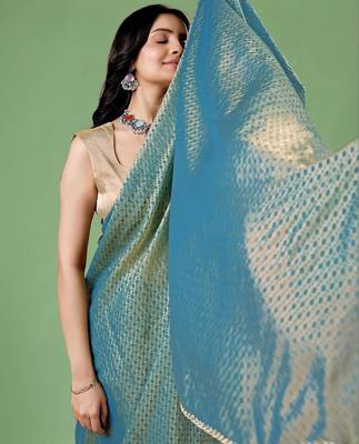Blue women ethnic motifs woven design saree 3