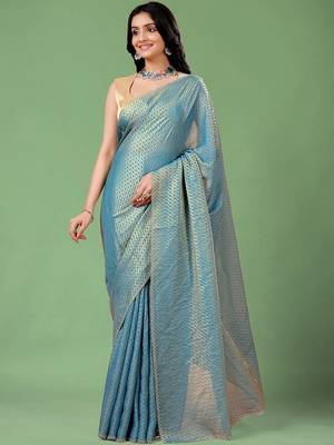 Blue women ethnic motifs woven design saree 4