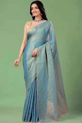 Blue women ethnic motifs woven design saree