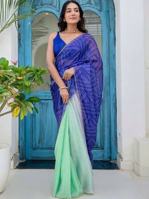Blue bandhani beads and stones jute cotton saree 1