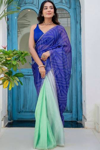 Blue bandhani beads and stones jute cotton saree
