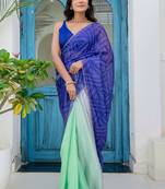 Blue bandhani beads and stones jute cotton saree