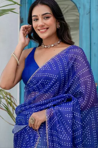 Blue bandhani beads and stones jute cotton saree