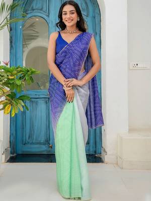 Blue bandhani beads and stones jute cotton saree 3