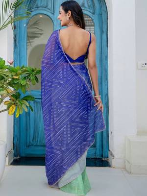 Blue bandhani beads and stones jute cotton saree 5