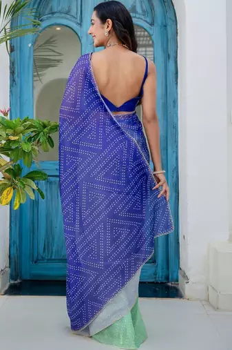 Blue bandhani beads and stones jute cotton saree