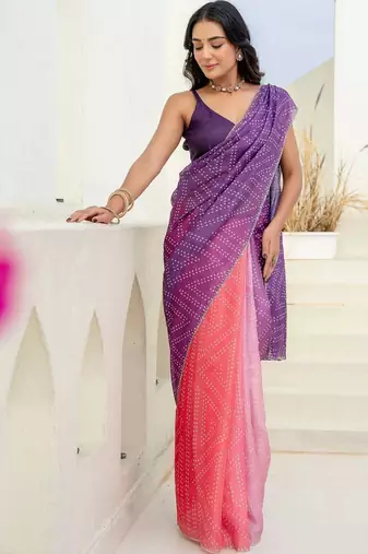 Multicolor bandhani beads and stones jute cotton saree
