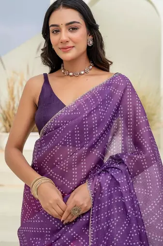 Multicolor bandhani beads and stones jute cotton saree