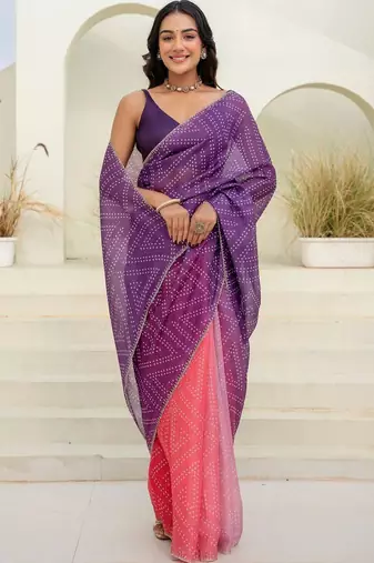 Multicolor bandhani beads and stones jute cotton saree
