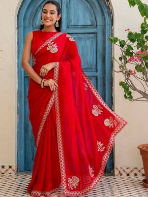 Red floral beads and stones silk blend saree 1