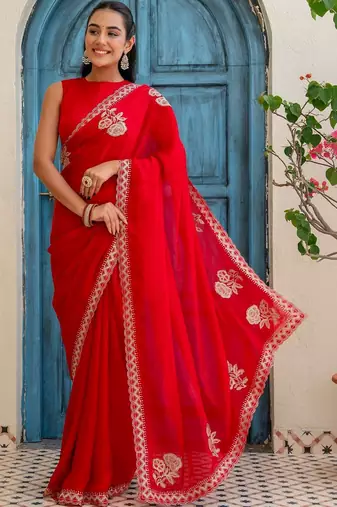 Red floral beads and stones silk blend saree