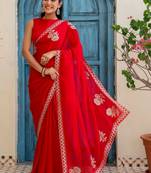 Red floral beads and stones silk blend saree
