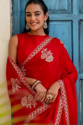 Red floral beads and stones silk blend saree