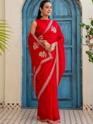 Red floral beads and stones silk blend saree 3