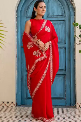 Red floral beads and stones silk blend saree