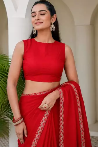 Red floral beads and stones silk blend saree